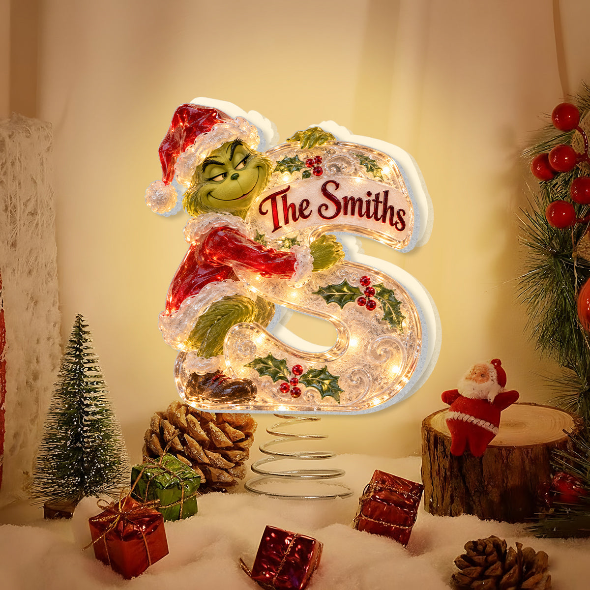 Green Mischief Custom Initial - Personalized Stole Christmas LED Light Tree Topper