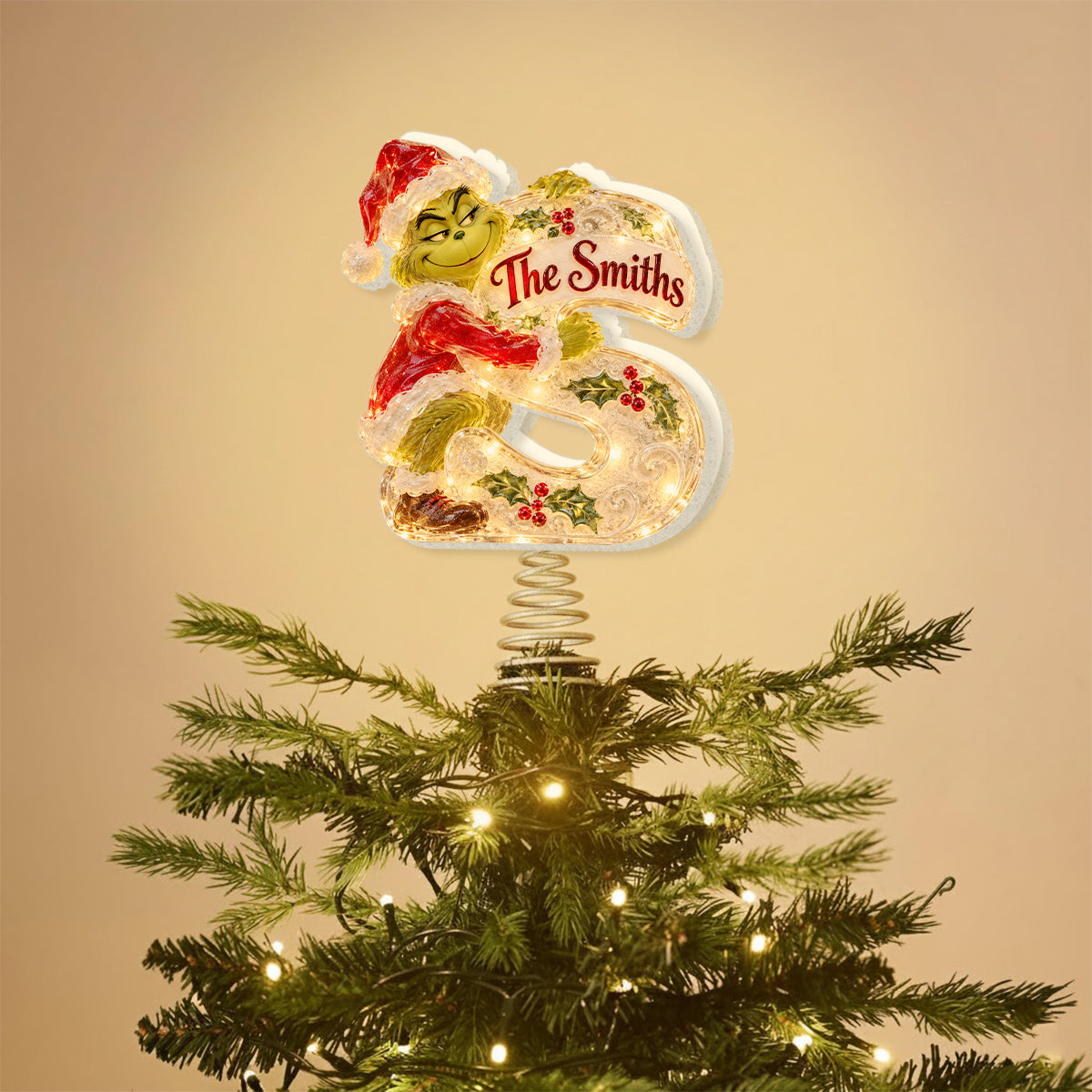 Green Mischief Custom Initial - Personalized Stole Christmas LED Light Tree Topper