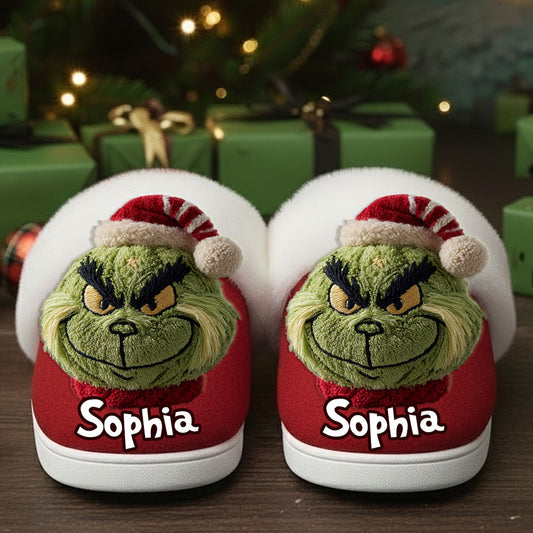 Merry Grinchmas - Personalized Stole Christmas Slippers With Fur Lining