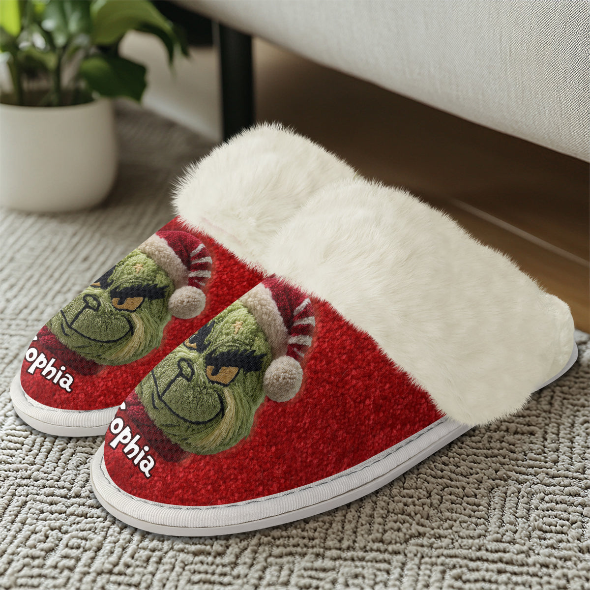 Merry Grinchmas - Personalized Stole Christmas Slippers With Fur Lining