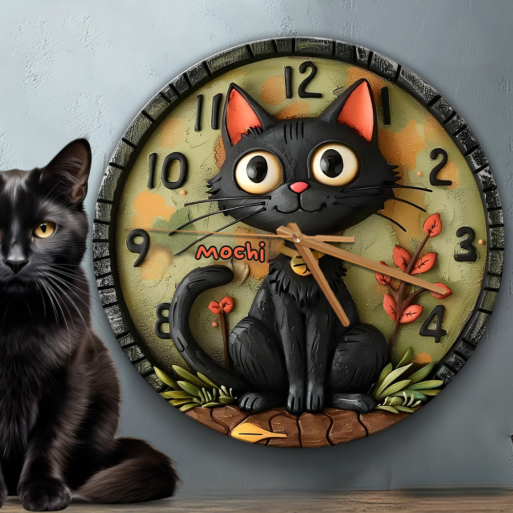 Niedliche schwarze Katze – Personalisierte Wanduhr mit schwarzer Katze