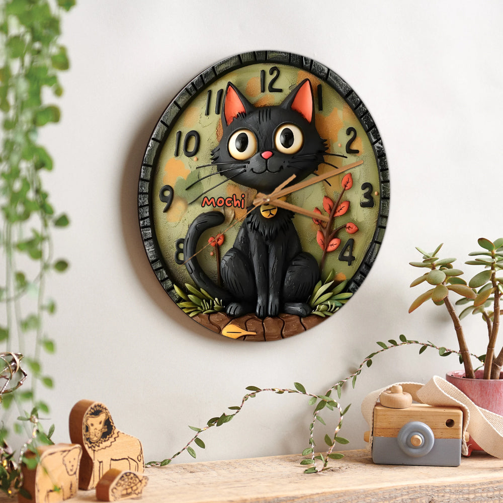 Niedliche schwarze Katze – Personalisierte Wanduhr mit schwarzer Katze
