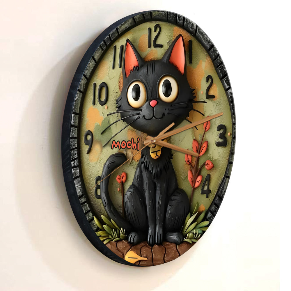Niedliche schwarze Katze – Personalisierte Wanduhr mit schwarzer Katze