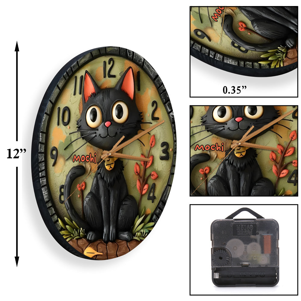 Niedliche schwarze Katze – Personalisierte Wanduhr mit schwarzer Katze