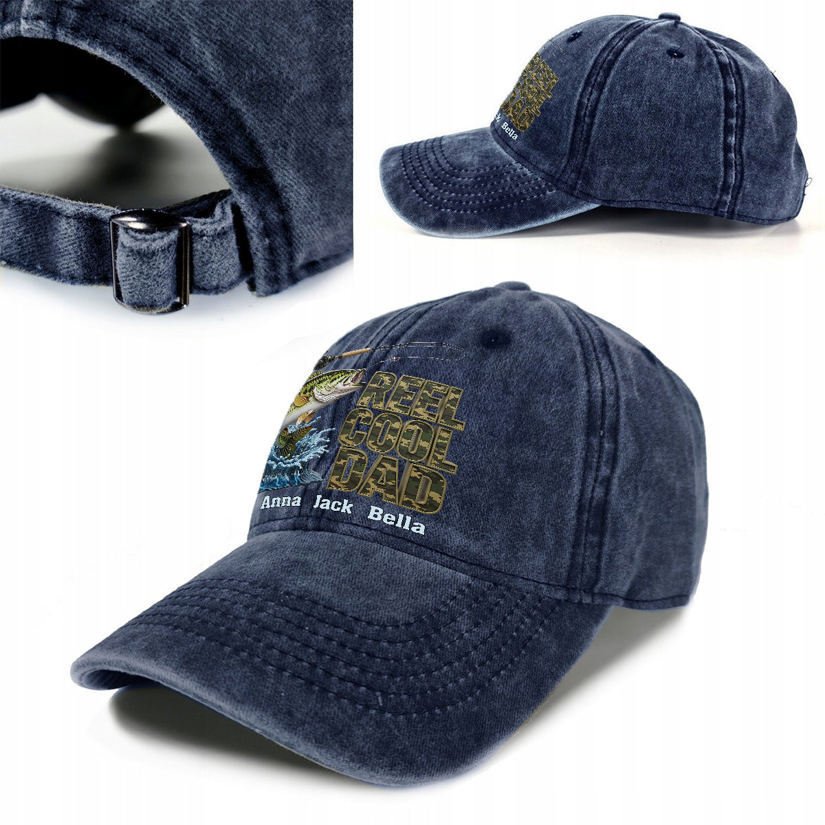 Reel Cool Dad – Personalisierte Angel-Jeanskappe aus gewaschenem Denim