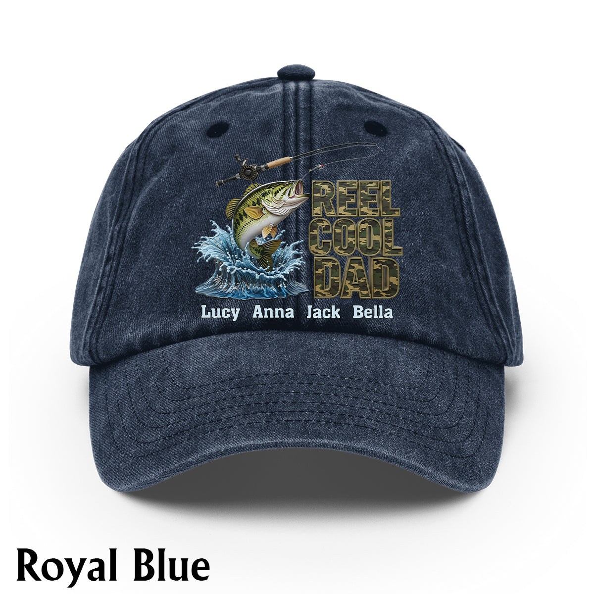 Reel Cool Dad – Personalisierte Angel-Jeanskappe aus gewaschenem Denim