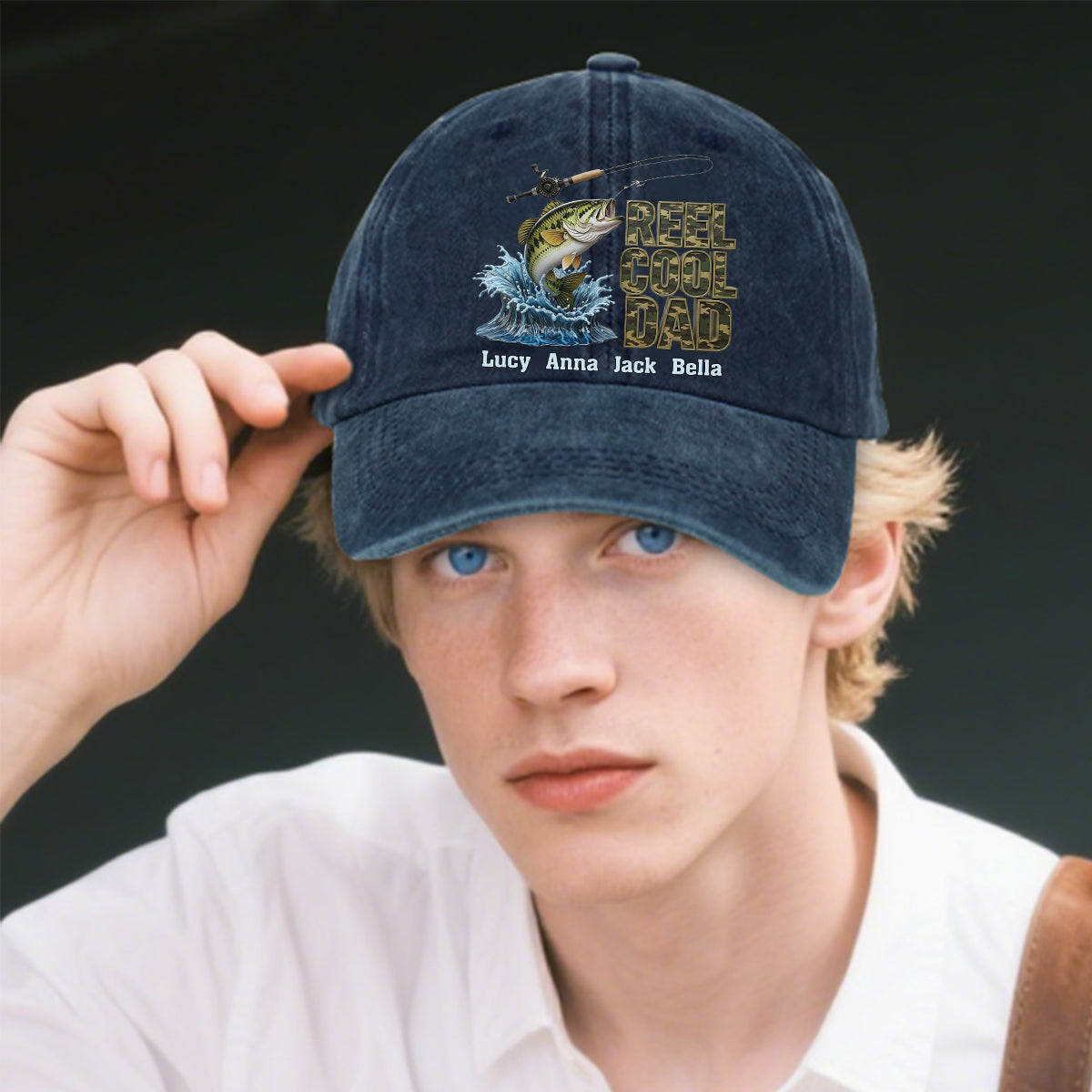 Reel Cool Dad – Personalisierte Angel-Jeanskappe aus gewaschenem Denim