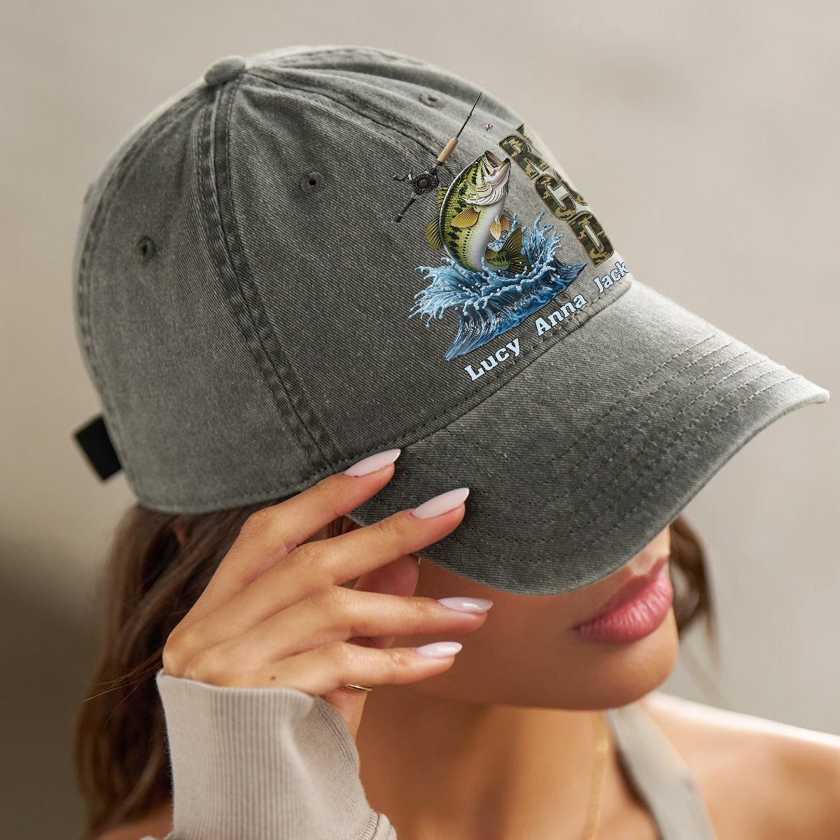 Reel Cool Dad – Personalisierte Angel-Jeanskappe aus gewaschenem Denim