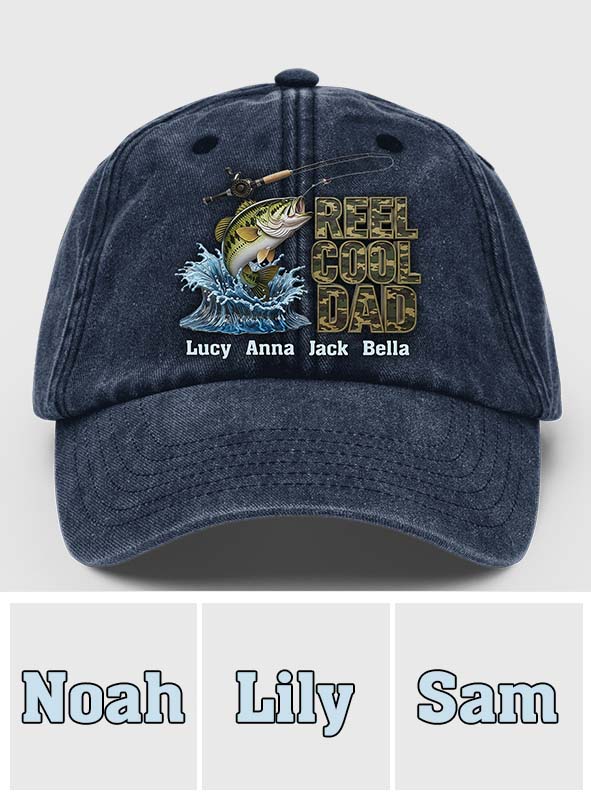 Reel Cool Dad – Personalisierte Angel-Jeanskappe aus gewaschenem Denim