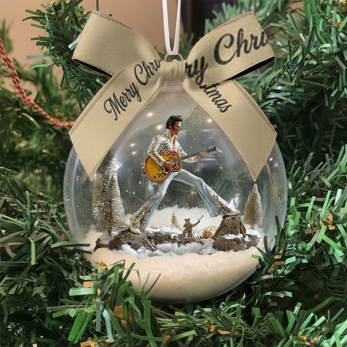 Merry Christmas King Of Rock - Personalized King of Rock and Roll Snow Globe Ornament With Bow
