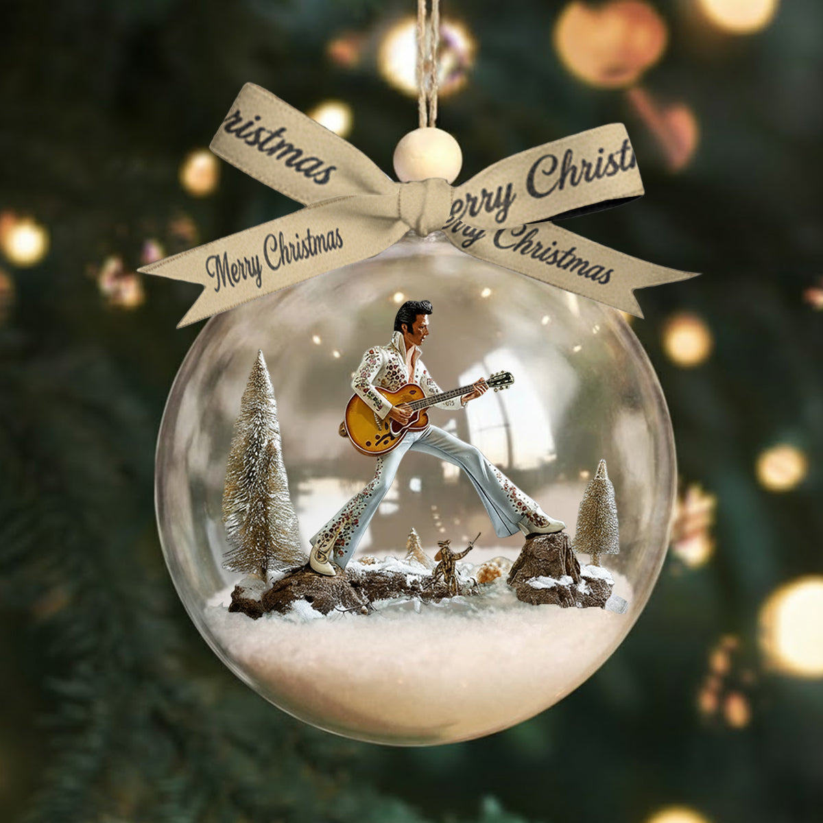 Merry Christmas King Of Rock - Personalized King of Rock and Roll Snow Globe Ornament With Bow