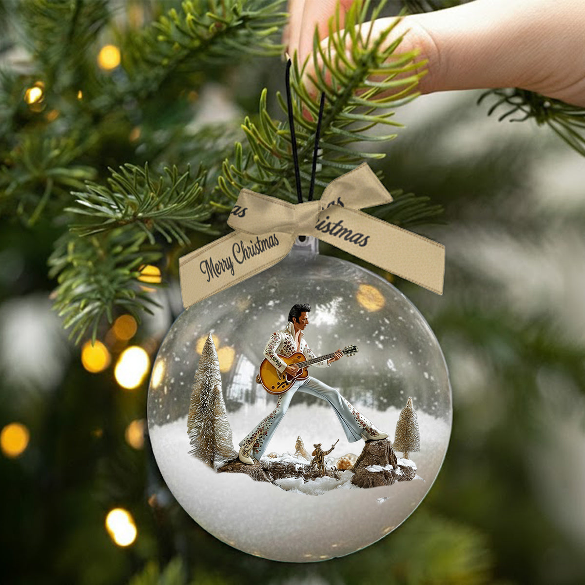 Merry Christmas King Of Rock - Personalized King of Rock and Roll Snow Globe Ornament With Bow