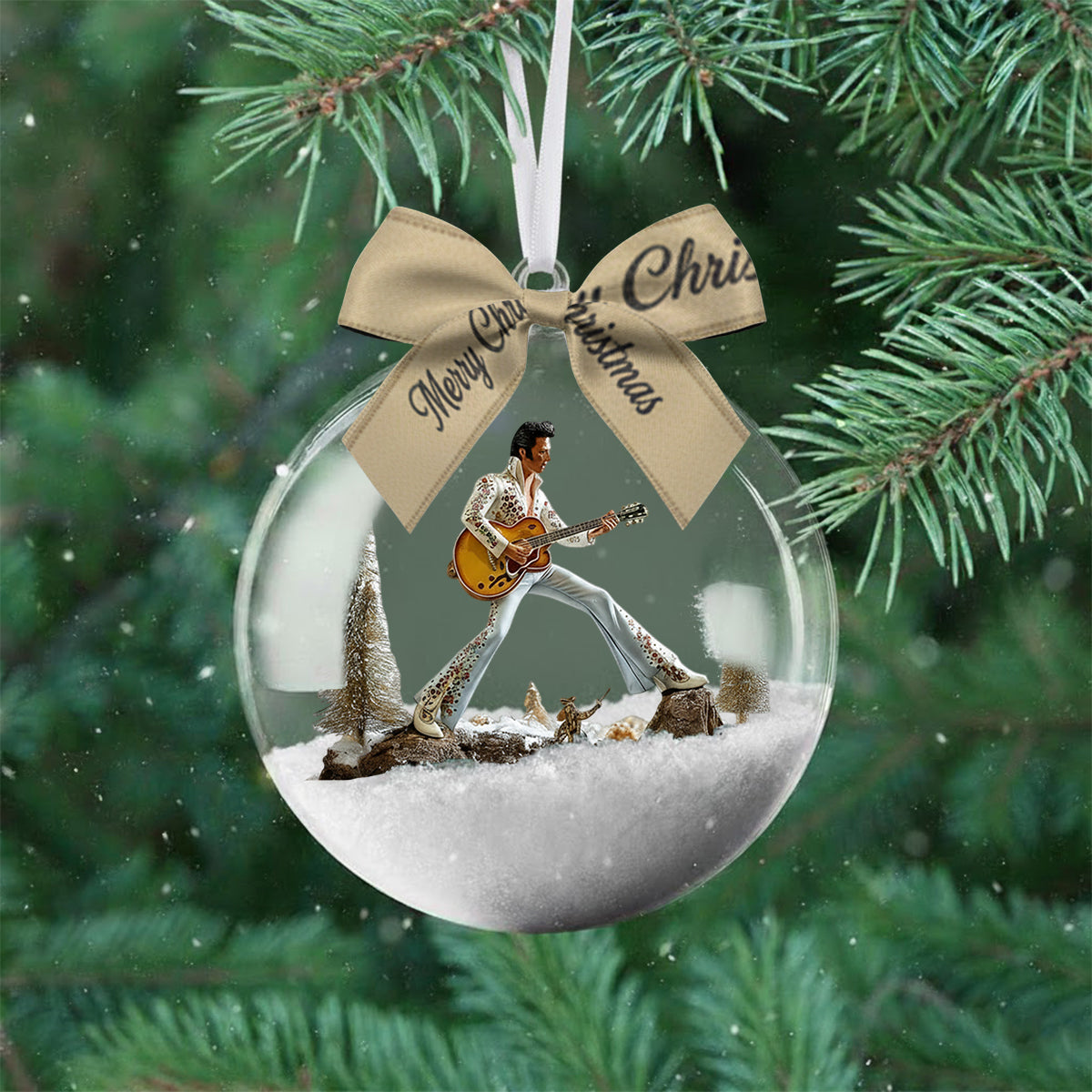 Merry Christmas King Of Rock - Personalized King of Rock and Roll Snow Globe Ornament With Bow