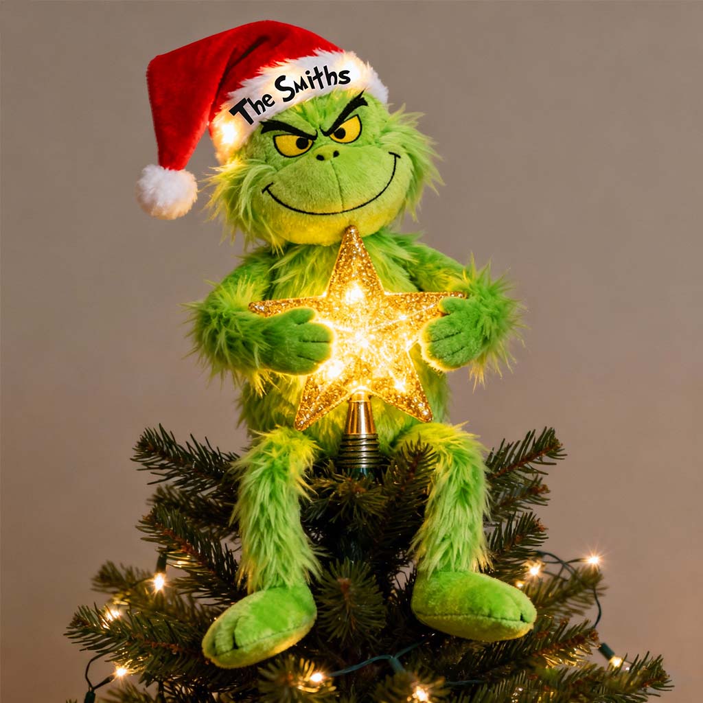 Fröhliche Grinchmas - Personalisierte Stola-Weihnachtsbaumspitze mit LED-Lichtern
