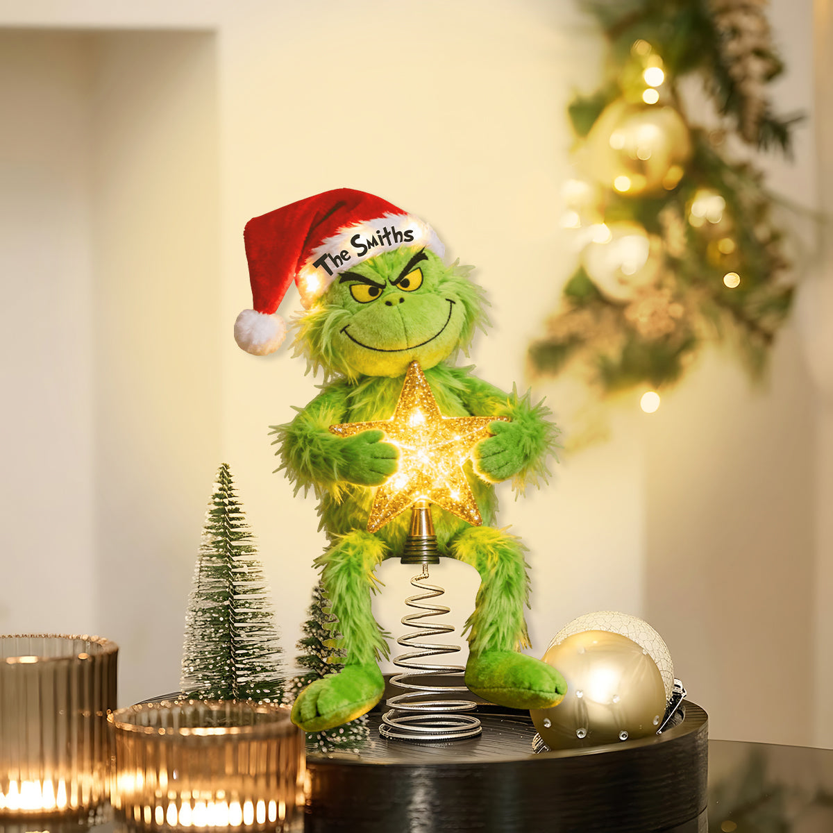 Fröhliche Grinchmas - Personalisierte Stola-Weihnachtsbaumspitze mit LED-Lichtern