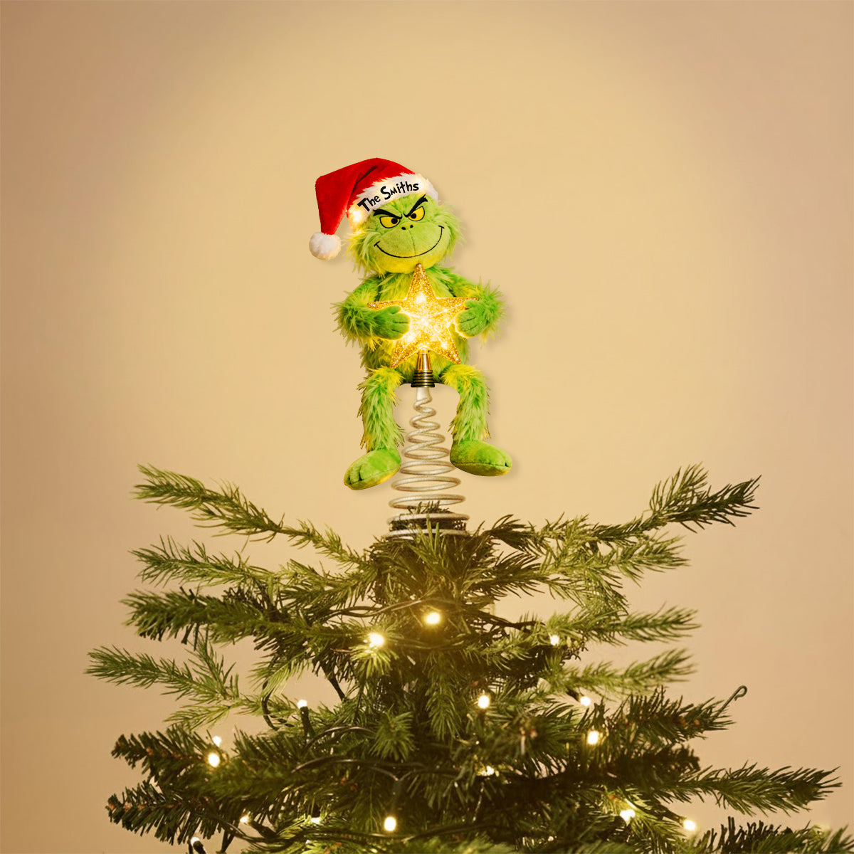 Fröhliche Grinchmas - Personalisierte Stola-Weihnachtsbaumspitze mit LED-Lichtern