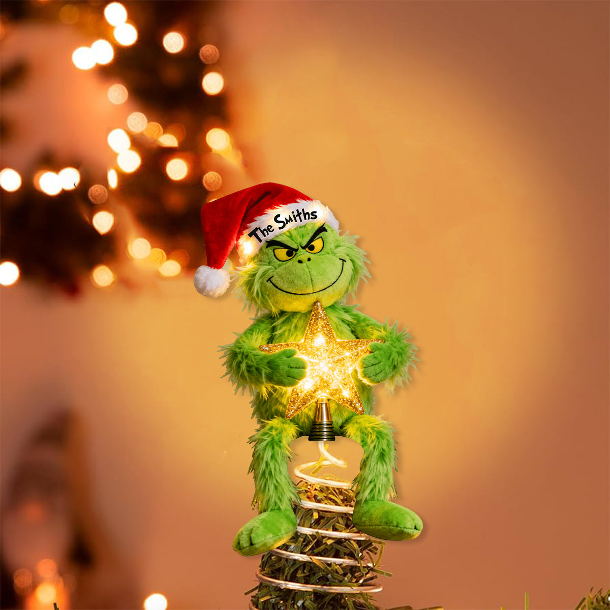 Fröhliche Grinchmas - Personalisierte Stola-Weihnachtsbaumspitze mit LED-Lichtern