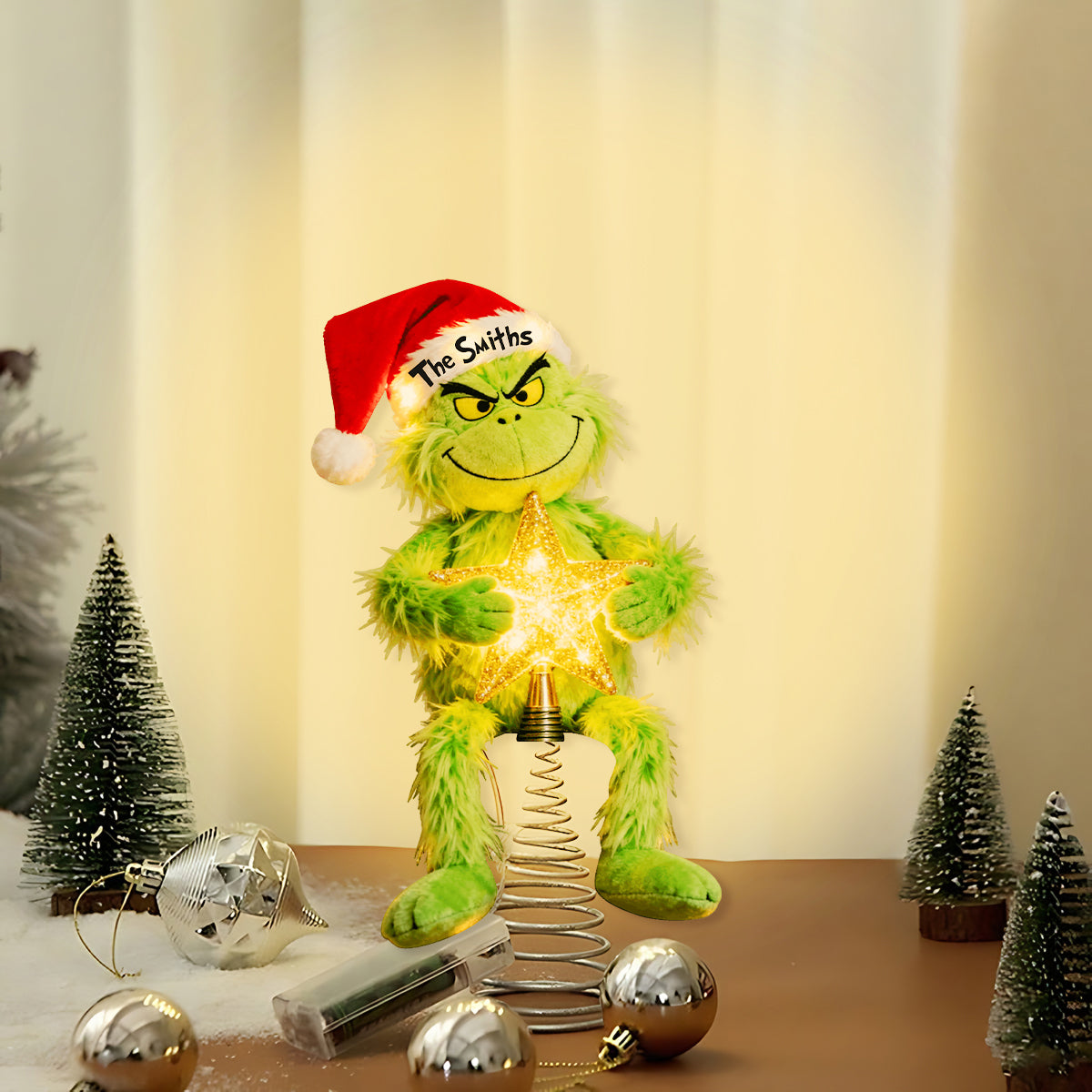 Fröhliche Grinchmas - Personalisierte Stola-Weihnachtsbaumspitze mit LED-Lichtern