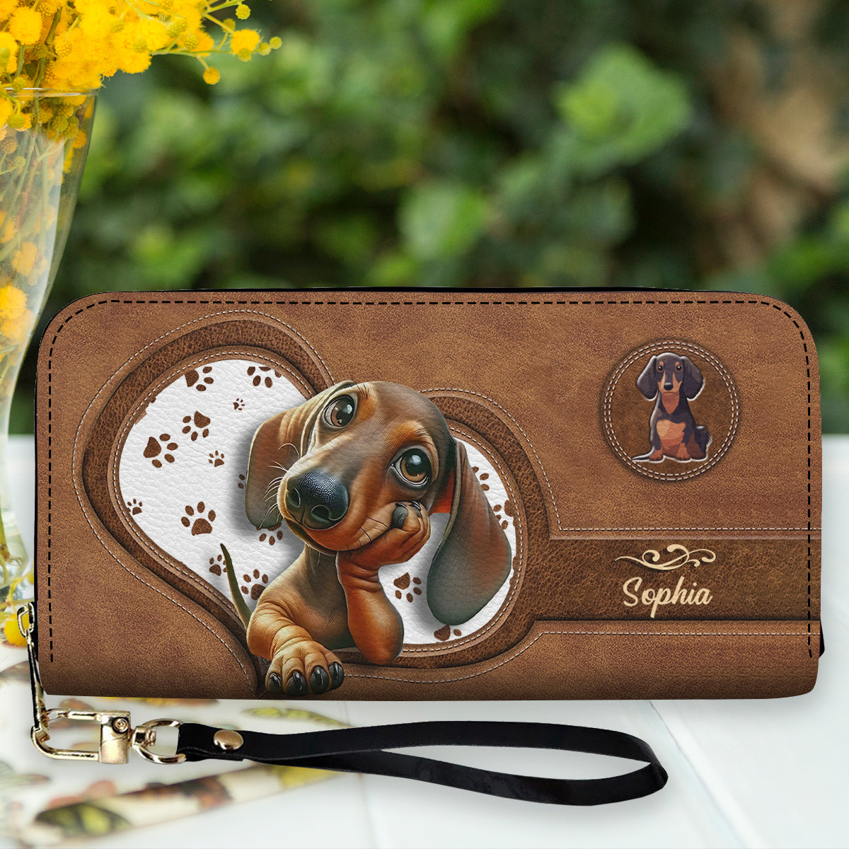 Portefeuille long en cuir personnalisé avec un adorable teckel