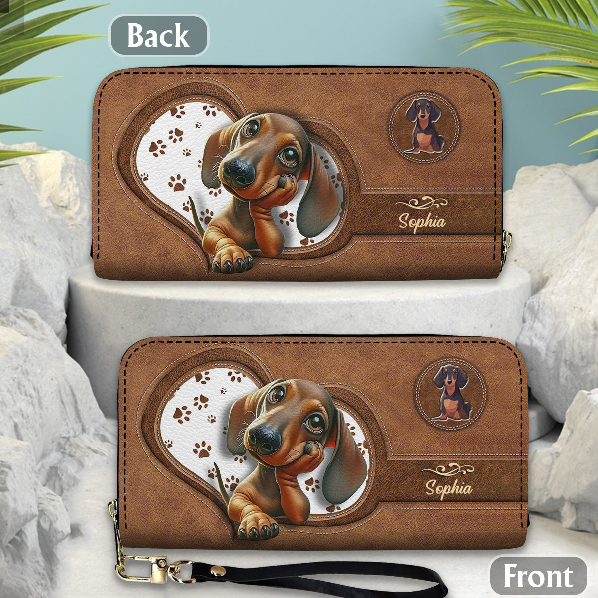 Portefeuille long en cuir personnalisé avec un adorable teckel