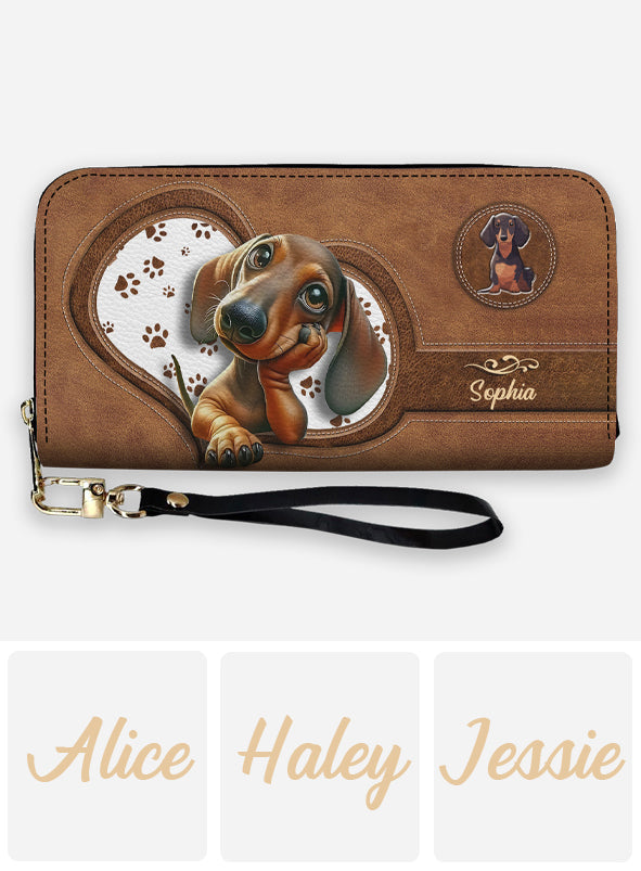 Portefeuille long en cuir personnalisé avec un adorable teckel