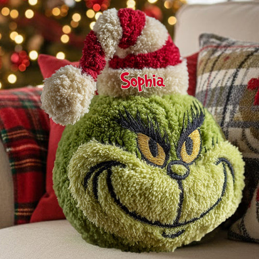 Cadeau de Noël Green Monster personnalisé avec n'importe quel nom - Étole de Noël personnalisée, coussin en fausse fourrure en forme de coussin.
