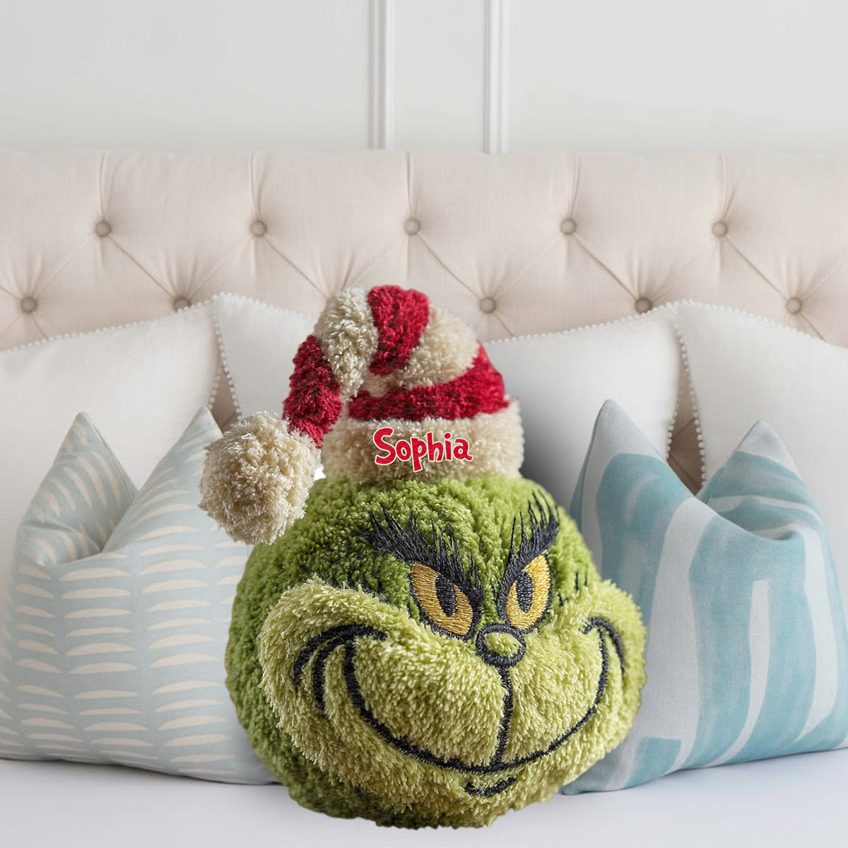 Any Name Green Monster Christmas Gift - Personalized Stole Christmas Faux Fur Shaped Pillow