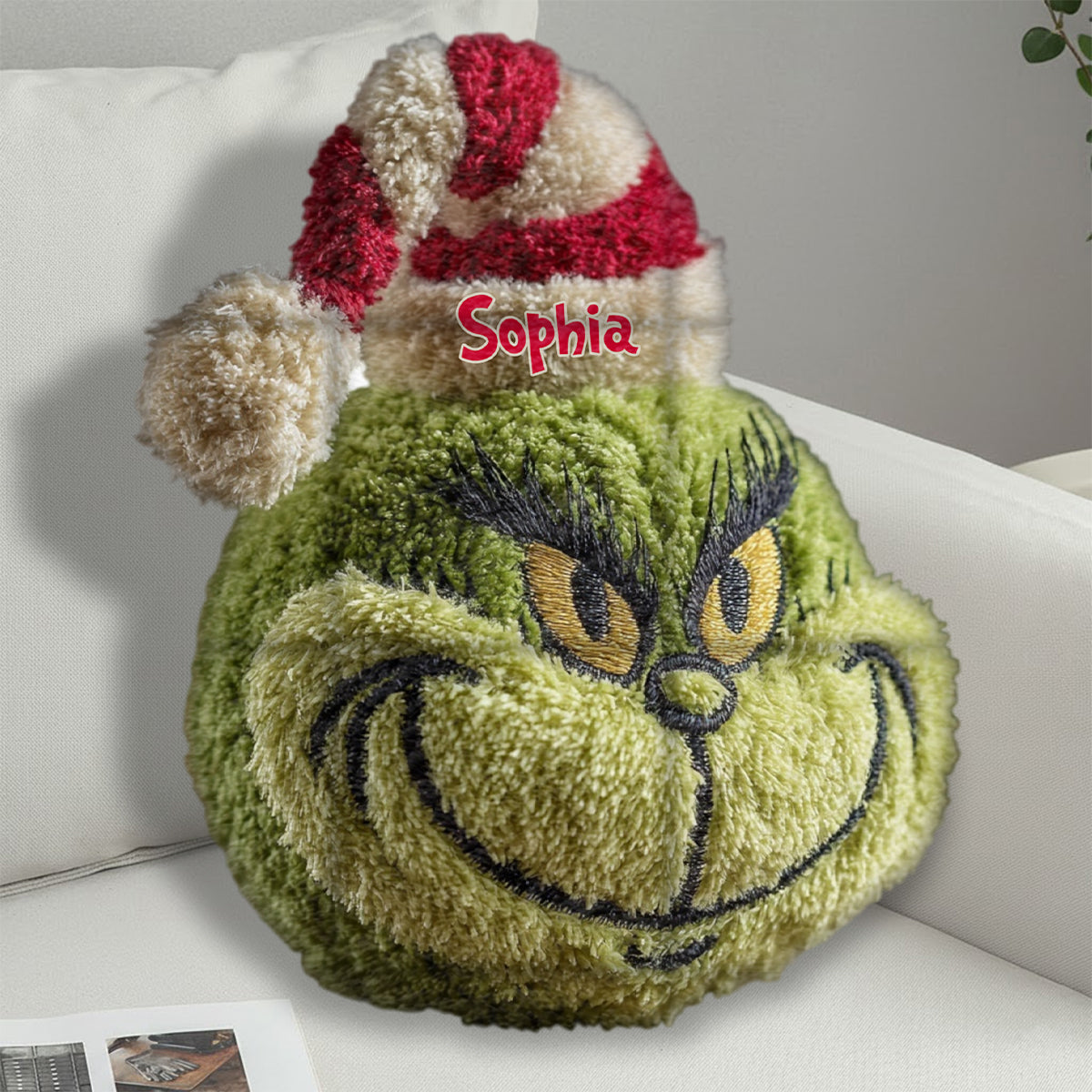 Any Name Green Monster Christmas Gift - Personalized Stole Christmas Faux Fur Shaped Pillow