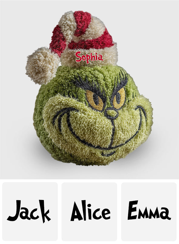 Any Name Green Monster Christmas Gift - Personalized Stole Christmas Faux Fur Shaped Pillow