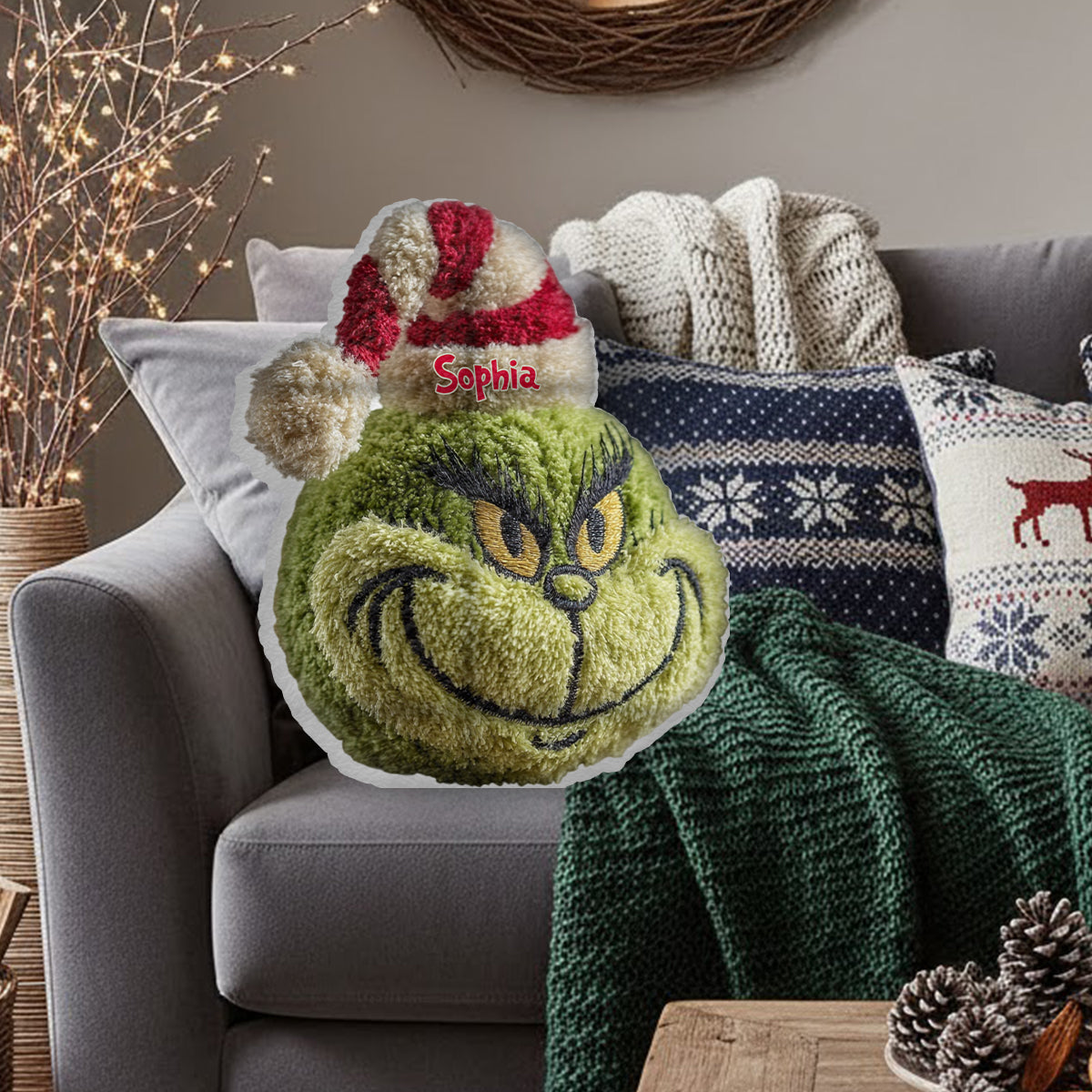 Cadeau de Noël Green Monster personnalisé avec n'importe quel nom - Coussin en forme d'étole de Noël personnalisé