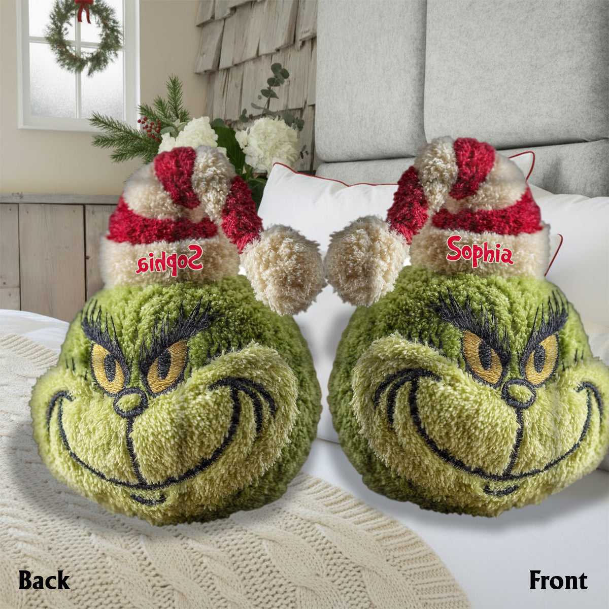 Cadeau de Noël Green Monster personnalisé avec n'importe quel nom - Coussin en forme d'étole de Noël personnalisé
