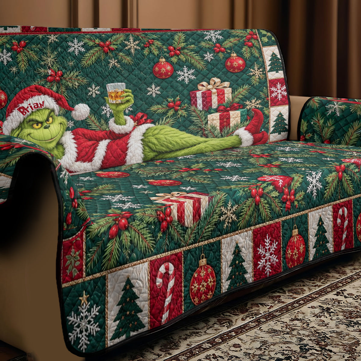 Merry Grinchmas - Personalized Stole Christmas Quilted Sofa/Couch Cover