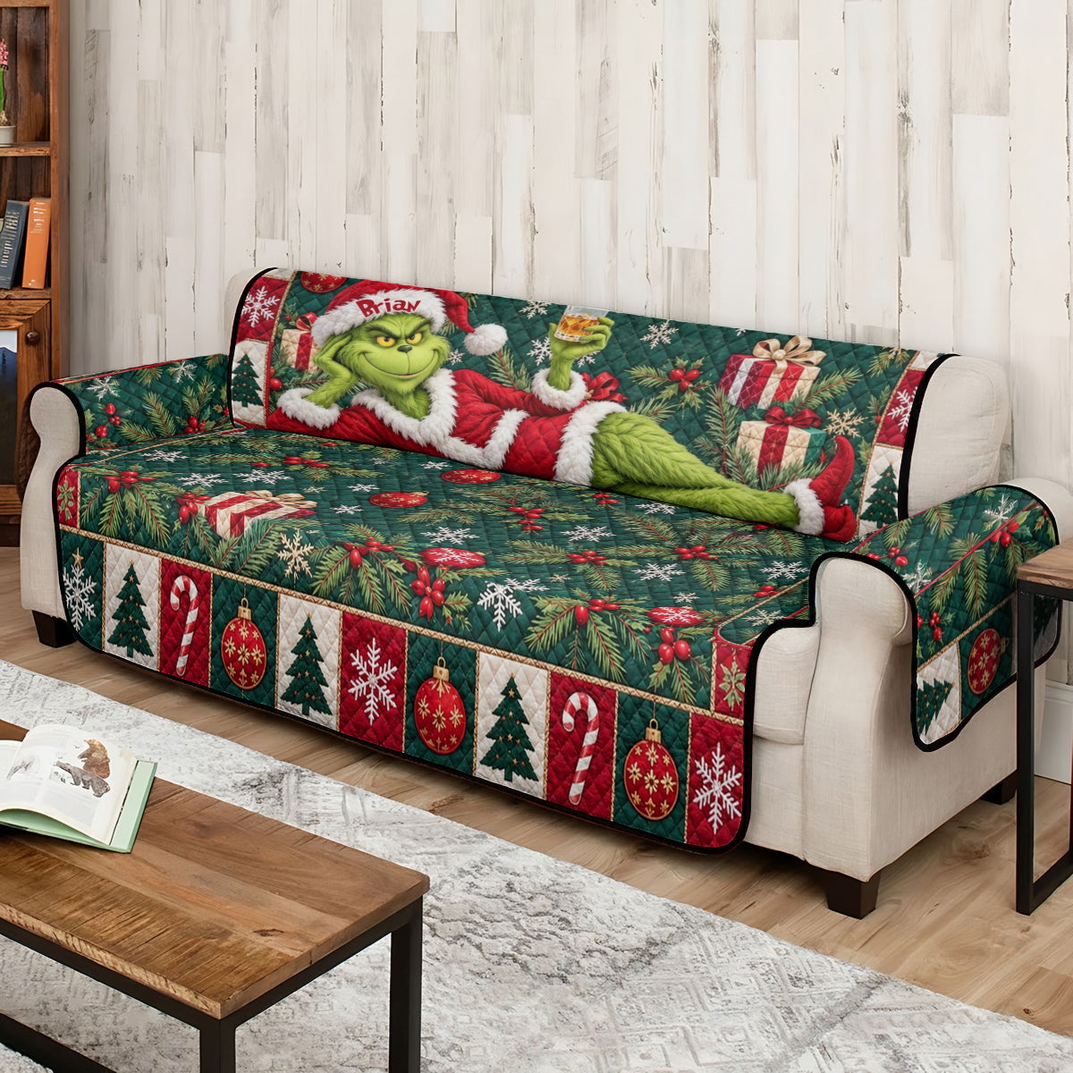 Merry Grinchmas - Personalized Stole Christmas Quilted Sofa/Couch Cover