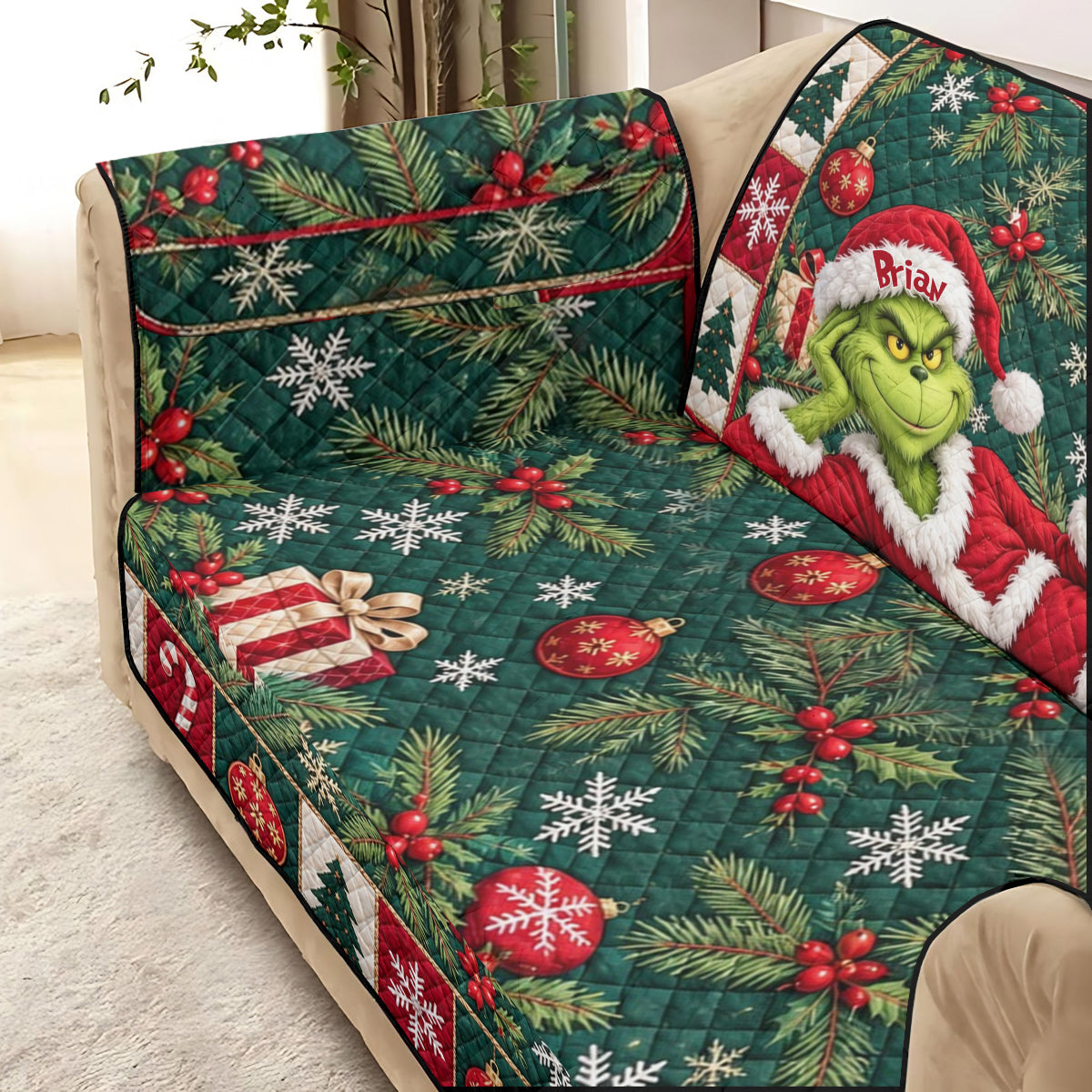 Merry Grinchmas - Personalized Stole Christmas Quilted Sofa/Couch Cover