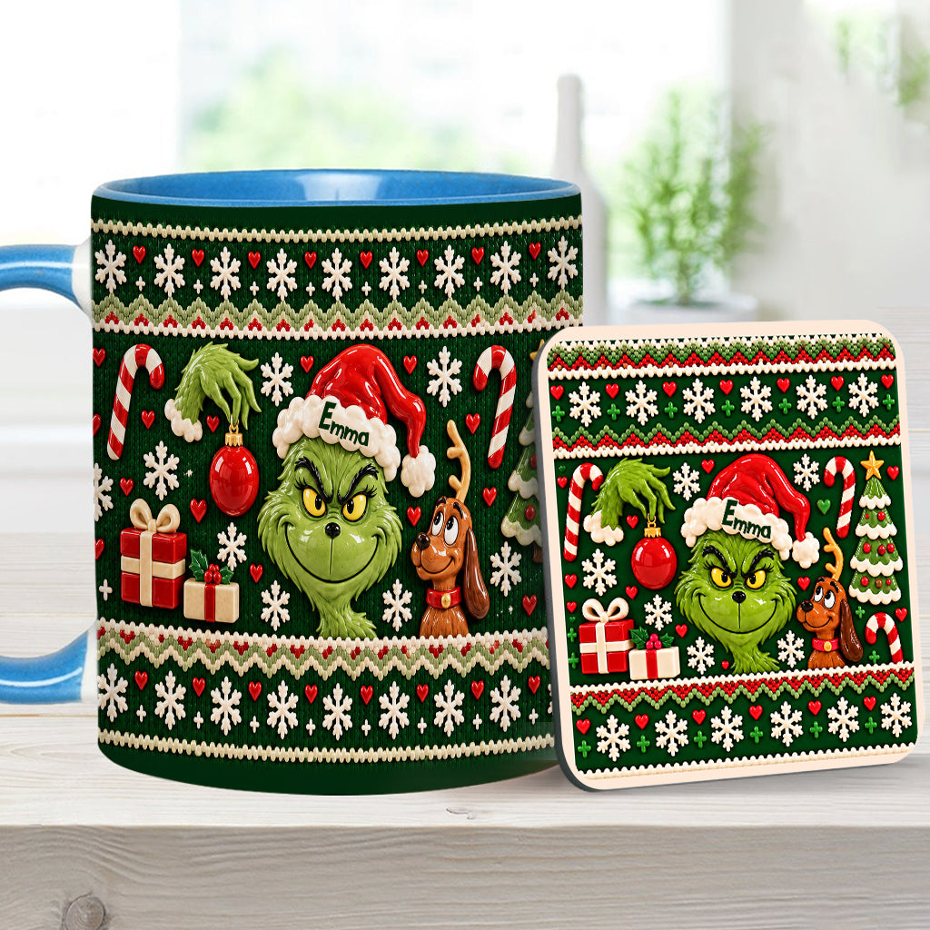 Green Mischief Ugly Pattern - Personalized Stole Christmas Accent Mug & Coaster