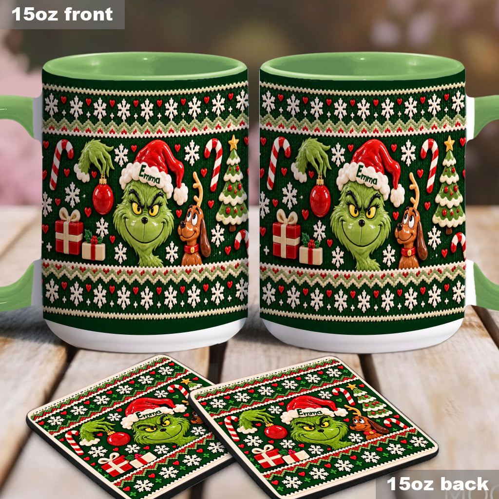 Green Mischief Ugly Pattern - Personalized Stole Christmas Accent Mug & Coaster