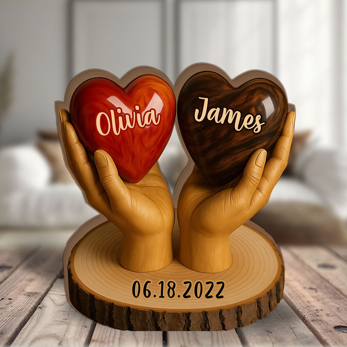 Zwei Herzen, eine Liebe – personalisierte Holzplakette in Pärchenform