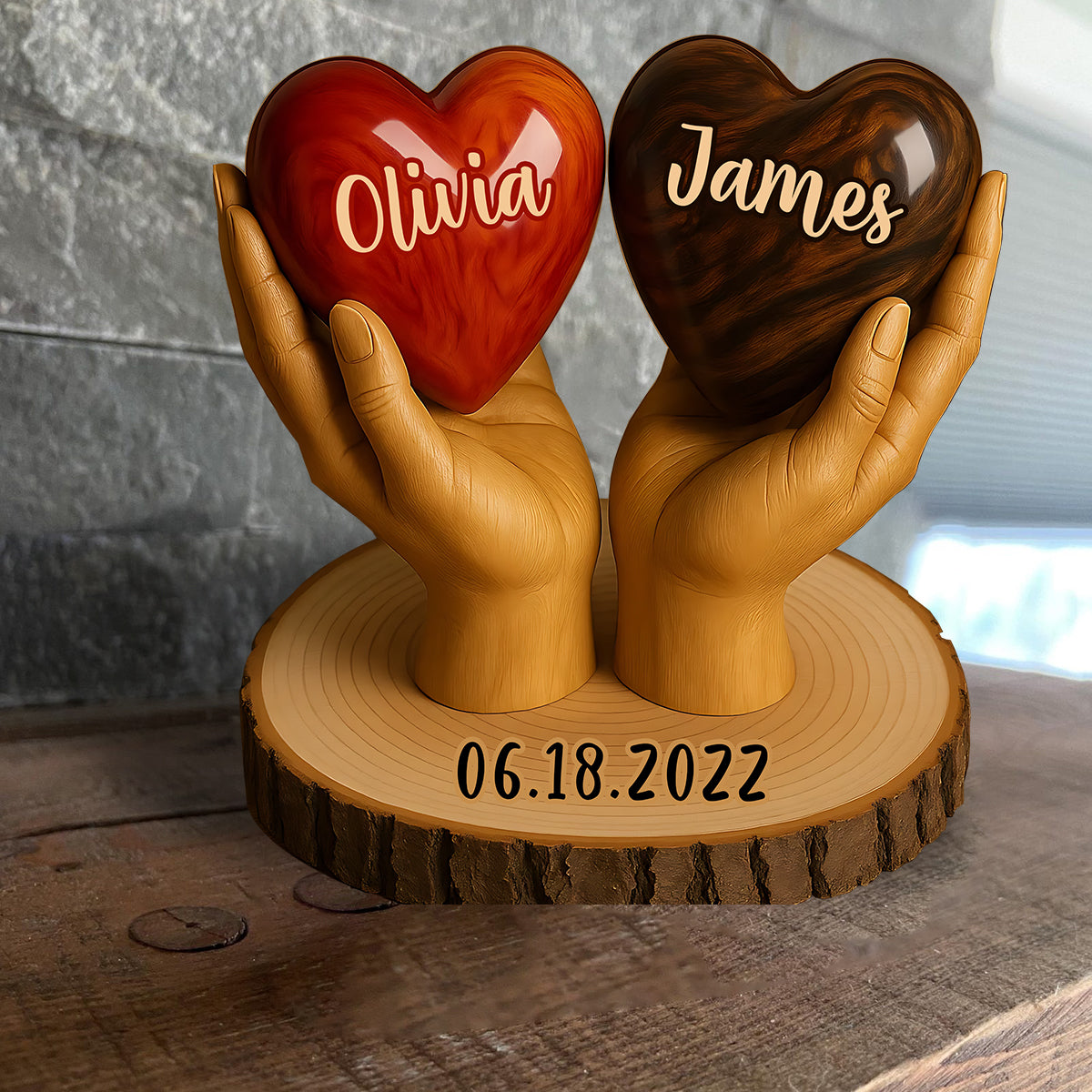 Zwei Herzen, eine Liebe – personalisierte Holzplakette in Pärchenform