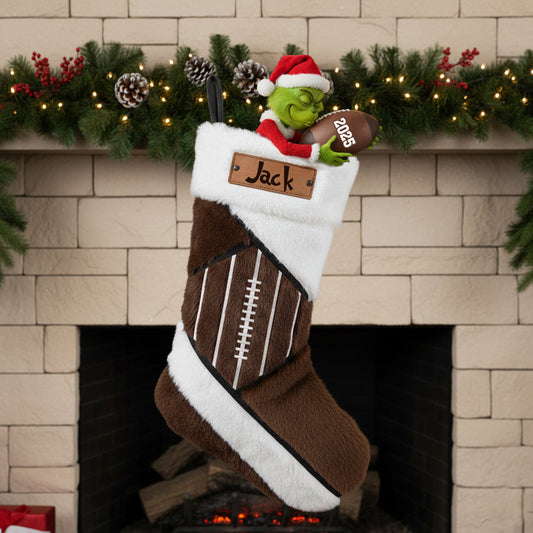 Funny Green Santa Football - Personalized Football Shaped Christmas Stocking