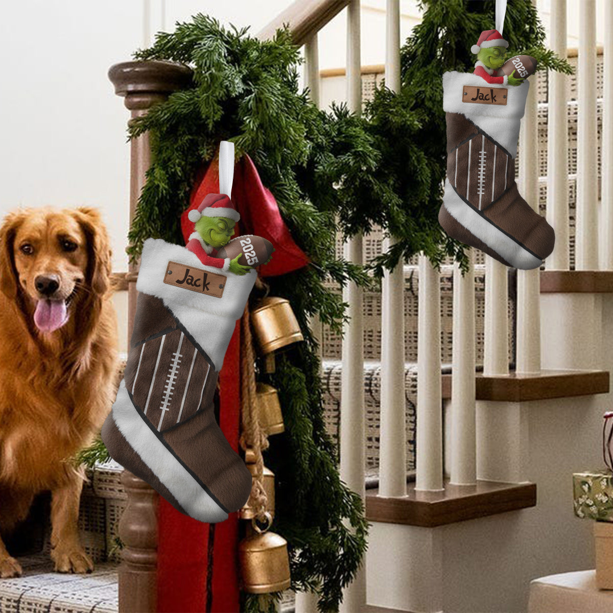 Funny Green Santa Football - Personalized Football Shaped Christmas Stocking