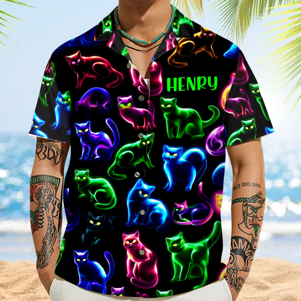 Chemise hawaïenne personnalisée à motif chat néon - Chemise hawaïenne chat personnalisée