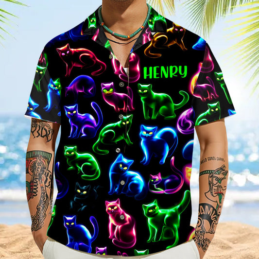 Neonfarbenes Katzenmuster - Personalisiertes Katzen-Hawaiihemd