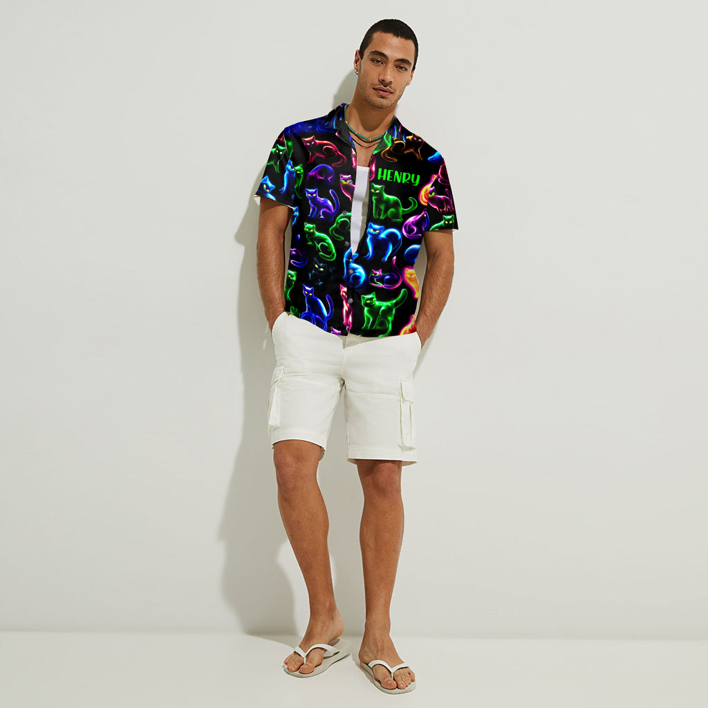 Chemise hawaïenne personnalisée à motif chat néon - Chemise hawaïenne chat personnalisée