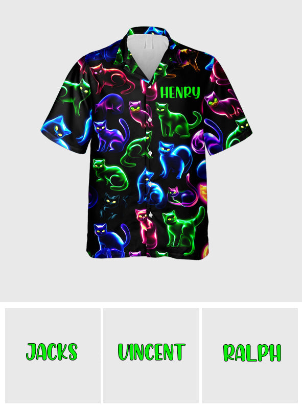 Chemise hawaïenne personnalisée à motif chat néon - Chemise hawaïenne chat personnalisée
