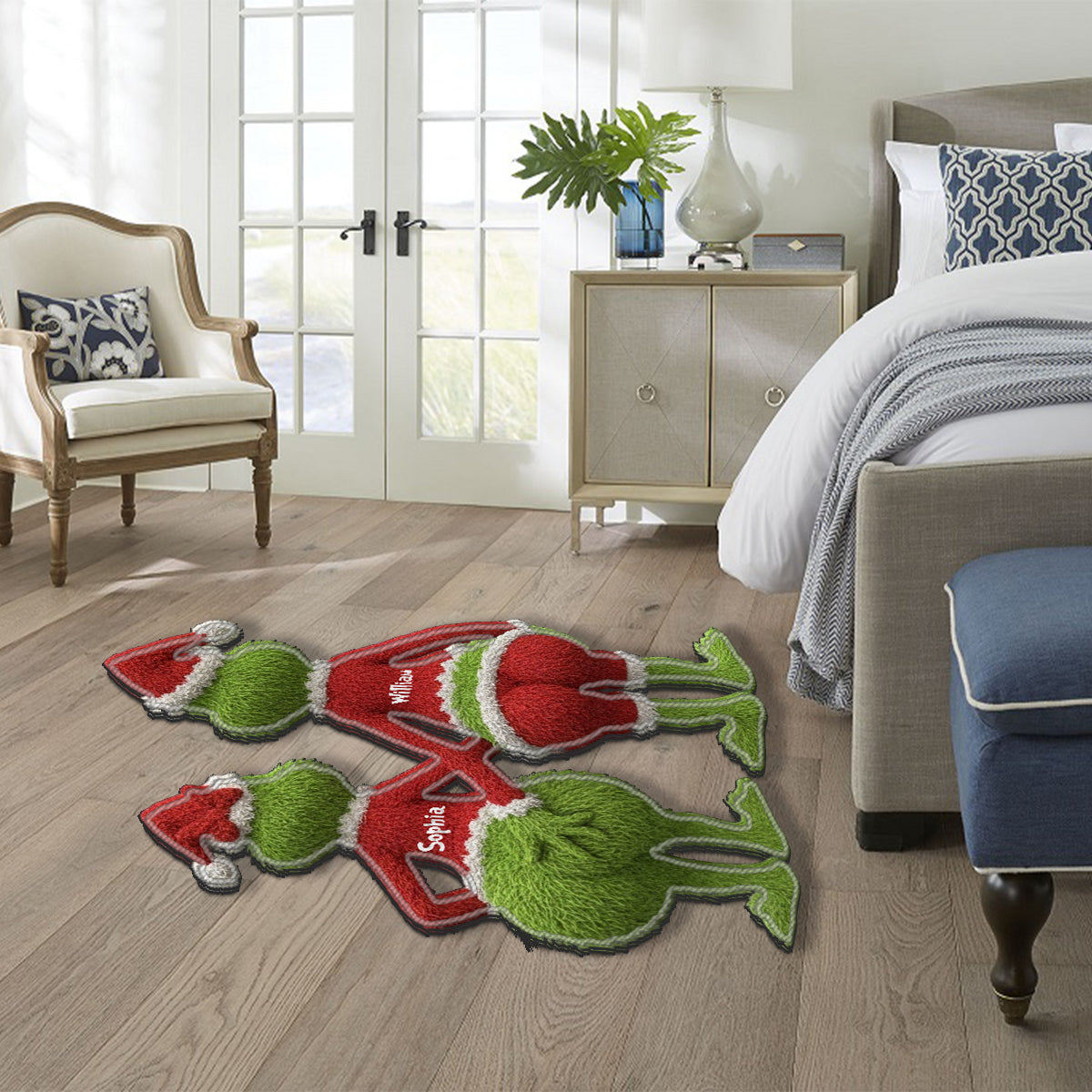 Grüne Kreatur aus dem Weihnachtsfilm – Personalisierte Stola, rutschfester, getufteter Weihnachtsteppich