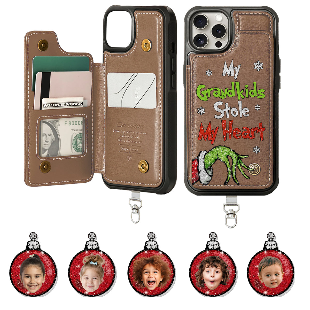 Mes petits-enfants... ont volé mon cœur - Portefeuille de téléphone personnalisé « Fuite de Noël » avec breloques