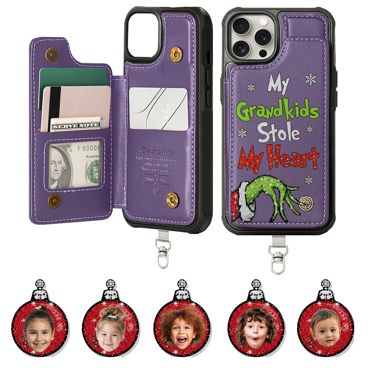 Mes petits-enfants... ont volé mon cœur - Portefeuille de téléphone personnalisé « Fuite de Noël » avec breloques