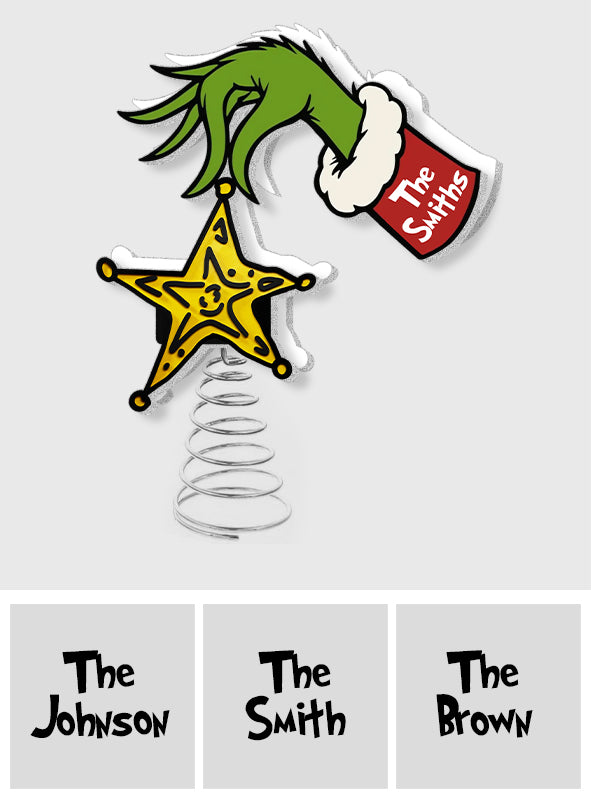 Ungezogener grüner Schlingel stahl den gelben Stern - Personalisierter LED-Weihnachtsbaumspitzen-Anhänger mit Stola