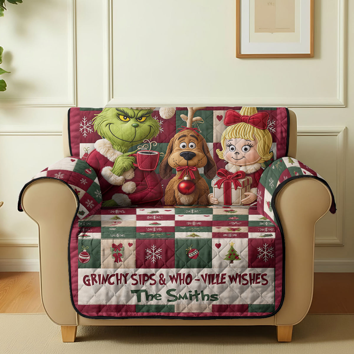 Merry Grinchmas - Personalized Stole Christmas Quilted Sofa/Couch Cover