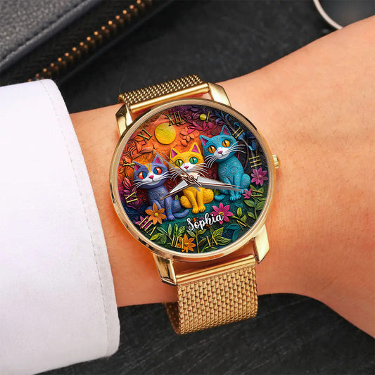 Bohemian Cat - Personalisierte Damen-Handuhr mit Katzenmotiv 